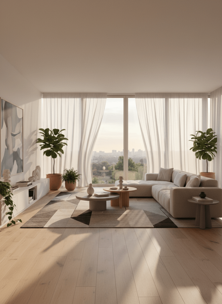 A spacious, light-filled living room interior featuring clean-lined furniture in neutral tones, with wide-plank oak flooring and floor-to-ceiling glass doors opening to a panoramic park view. The setting is enhanced by diffused morning light filtering gently through sheer, billowing curtains, casting subtle, soft shadows throughout the space. Tasteful minimalist decor, such as a geometric rug and low shelving with ceramic vases, adds to the atmosphere of understated luxury. Shot at eye-level for a balanced and inviting perspective, the image uses a sharp, modern aesthetic ideal for showcasing premium apartment interiors in a high-end real estate context.